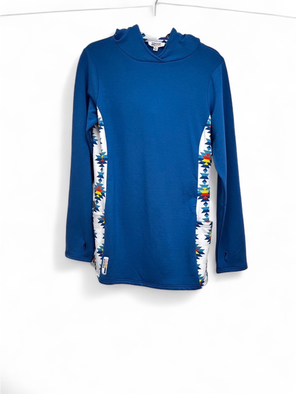 Swoop Hooded Pullover Sweater – Size M | Blue & Aztec Print | Pre-Owned
